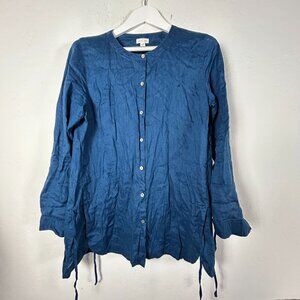 J. Jill Womens Blue Love Linen Button-Down Tunic Shirt Top Medium Long Sleeve